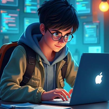Young person with dark hair wearing a hoodie and jacket, sitting at a desk and typing on a laptop with an Apple logo. The background features softly glowing screens and a warm light, creating a focused and studious atmosphere.